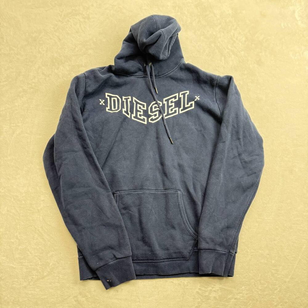 Diesel Men's Navy Blue Hoodie Size M Pullover Spell Out Graphic Logo Streetwear